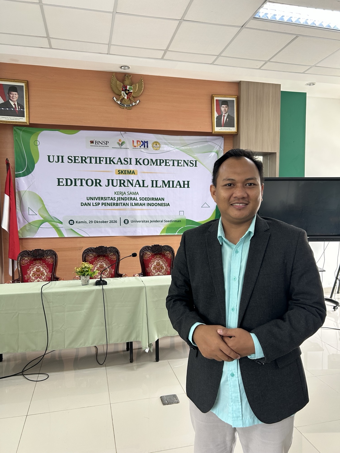 Andri Putra Kesmawan, Ketua Umum HIPJI, di lokasi uji sertifikasi kompetensi Editor Jurnal Ilmiah di Unsoed, 29 Oktober 2026.